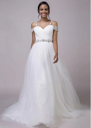 Off Shoulder Sweetheart Neck Beaded White Tulle Wedding Dress